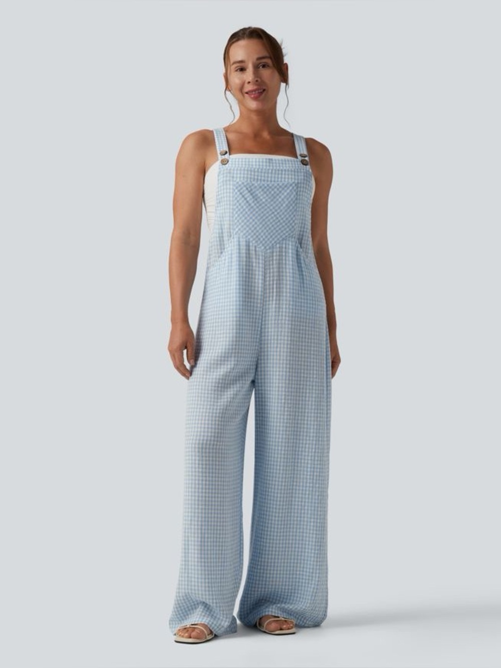 NWOT Halara Plaid Casual Linen-Feel Overalls with Pockets gingham blue white xl